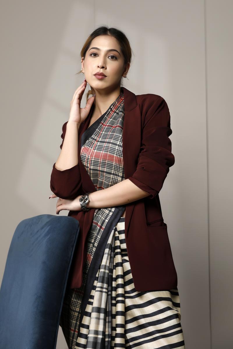 Black Tussar Silk Saree with Checkered Stripe Prints