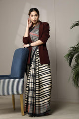 Black Tussar Silk Saree with Checkered Stripe Prints