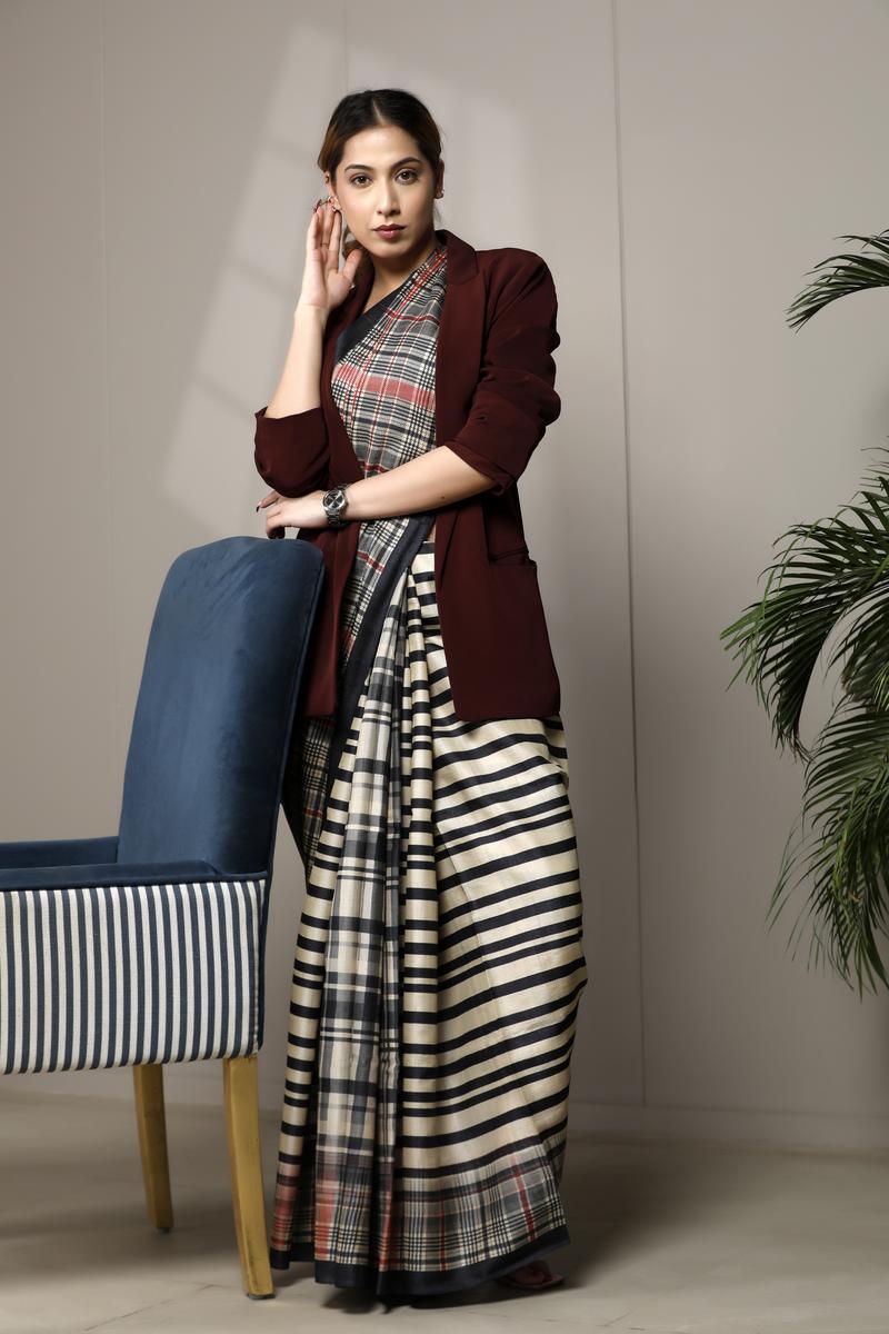Black Tussar Silk Saree with Checkered Stripe Prints