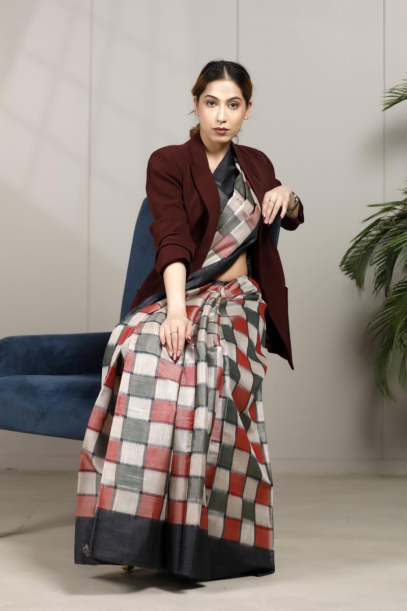 Charcoal Black Tussar Silk Saree -Office Wear