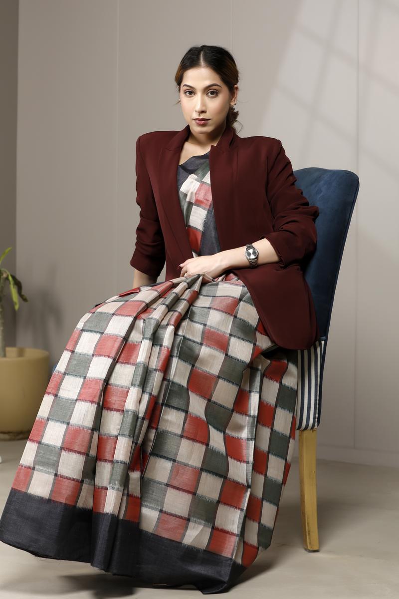 Charcoal Black Tussar Silk Saree -Office Wear