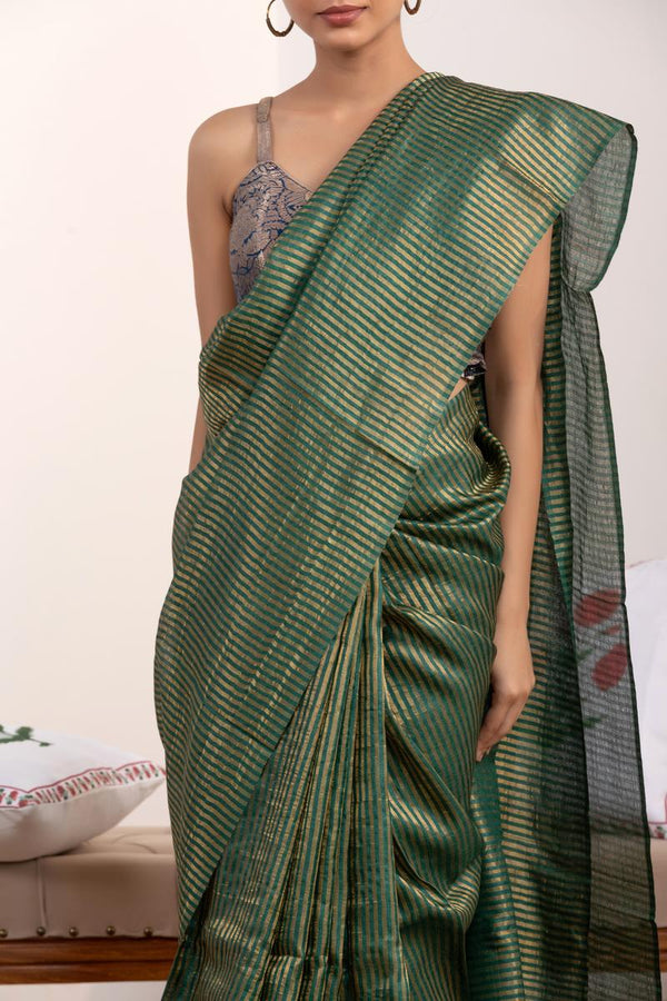 Green Tussar Silk Party Wear Saree with Zari Stripes