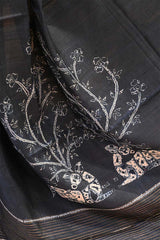 Bandhani Tussar Silk Saree in Charcoal Grey with Mrigah Motif Tie & Dye Pallu
