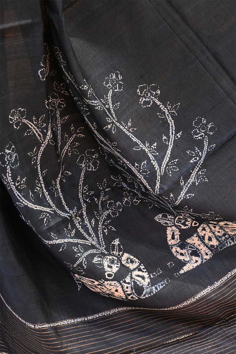 Bandhani Tussar Silk Saree in Charcoal Grey with Mrigah Motif Tie & Dye Pallu