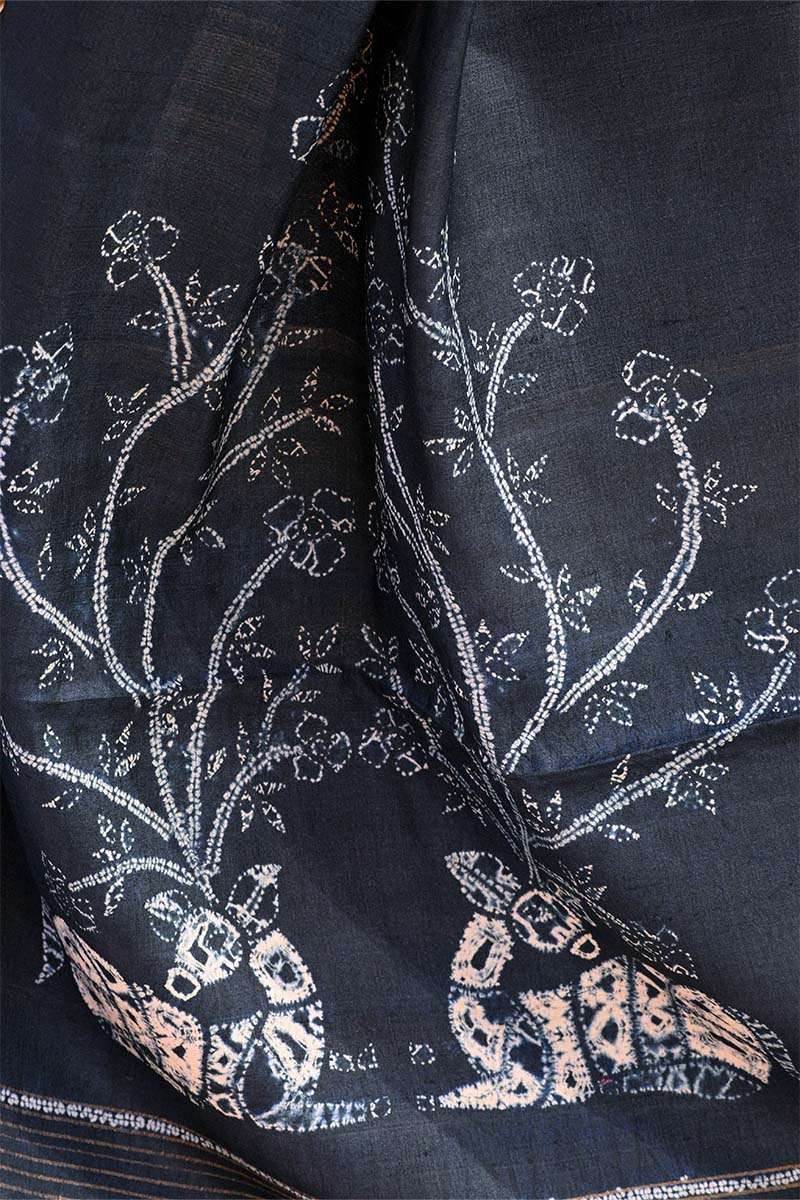 Bandhani Tussar Silk Saree in Charcoal Grey with Mrigah Motif Tie & Dye Pallu