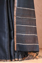 Bandhani Tussar Silk Saree in Charcoal Grey with Mrigah Motif Tie & Dye Pallu