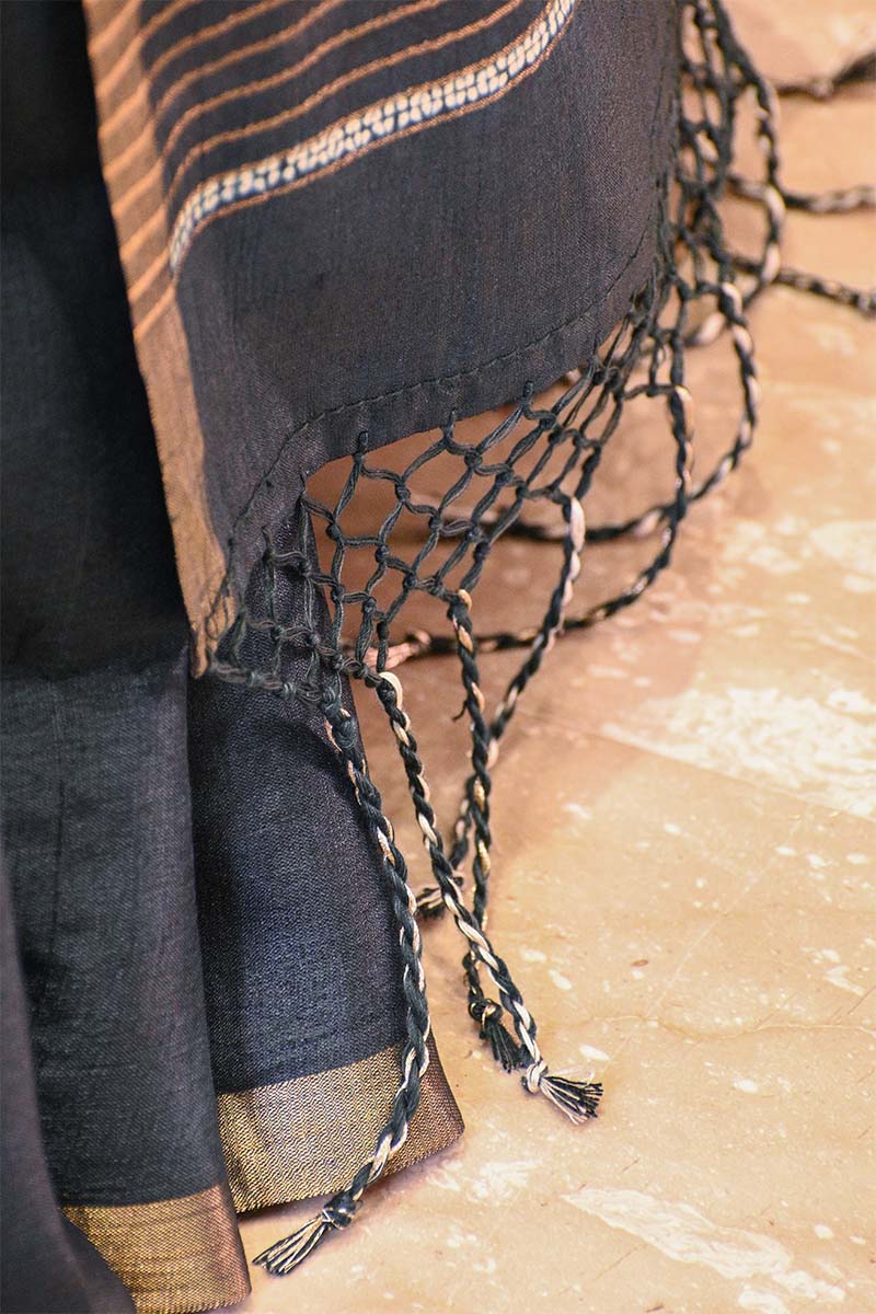 Bandhani Tussar Silk Saree in Charcoal Grey with Mrigah Motif Tie & Dye Pallu