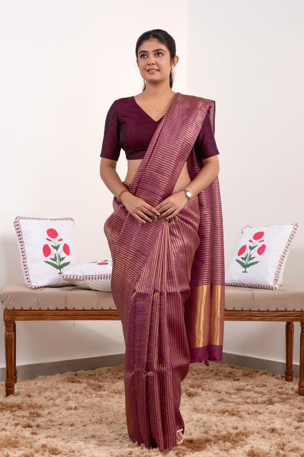 Mauve Tussar Silk Party Wear Saree with Zari Stripes