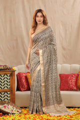 Sand Beige Moonga Silk Saree with Block Prints and Kantha Mirror Work
