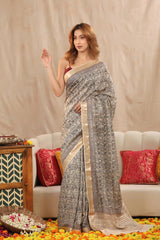 Sand Beige Moonga Silk Saree with Block Prints and Kantha Mirror Work