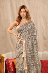 Sand Beige Moonga Silk Saree with Block Prints and Kantha Mirror Work