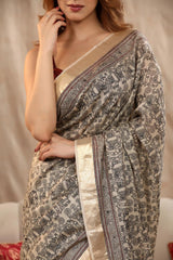 Sand Beige Moonga Silk Saree with Block Prints and Kantha Mirror Work