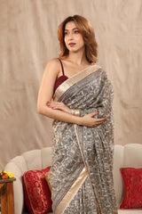 Sand Beige Moonga Silk Saree with Block Prints and Kantha Mirror Work