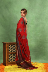 Red Moonga Silk Saree with Ajrakh Print and Lampi Lace Border