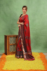 Red Moonga Silk Saree with Ajrakh Print and Lampi Lace Border