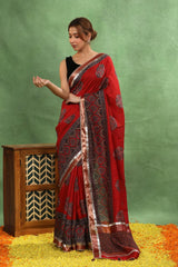 Red Moonga Silk Saree with Ajrakh Print and Lampi Lace Border