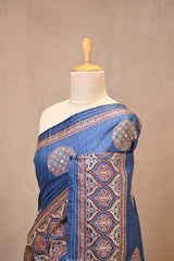 Blue Ajrakh Printed Tussar Silk Saree with Aari Work
