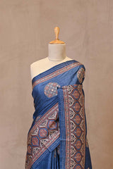 Blue Ajrakh Printed Tussar Silk Saree with Aari Work