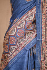 Blue Ajrakh Printed Tussar Silk Saree with Aari Work