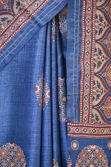 Blue Ajrakh Printed Tussar Silk Saree with Aari Work
