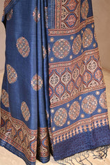 Blue Ajrakh Printed Tussar Silk Saree with Aari Work