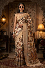 women in Sand Beige Tussar Silk Saree with Kalamkari Digital Printed