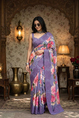 Lilac Tussar Silk Saree with Floral Print and Embroidery