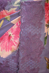 Lilac Tussar Silk Saree with Floral Print and Embroidery