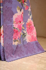 Lilac Tussar Silk Saree with Floral Print and Embroidery