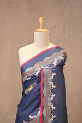 Denim Blue Tussar Silk Saree with Ashwamedh Motif