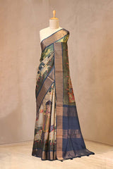 Blue Tussar Silk Saree With Traditional Pichwai Print