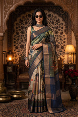 women in Blue Tussar Silk Saree With Traditional Pichwai Print