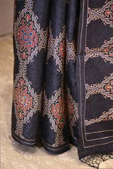 Black Ajrakh Printed Tussar Silk Saree with Aari Embellishment