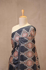 Black Ajrakh Printed Tussar Silk Saree with Aari Embellishment