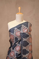 Black Ajrakh Printed Tussar Silk Saree with Aari Embellishment