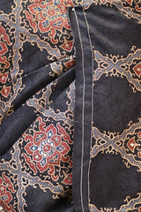 Black Ajrakh Printed Tussar Silk Saree with Aari Embellishment