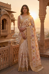 women in Beige Tussar Silk Saree with Floral Printed Applique Work