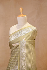 Matte Olive Green Tussar Silk Saree With Pakshi Motif and Parsi Border