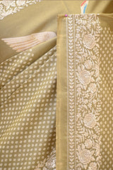 Matte Olive Green Tussar Silk Saree With Pakshi Motif and Parsi Border
