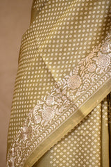 Matte Olive Green Tussar Silk Saree With Pakshi Motif and Parsi Border