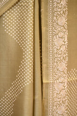 Matte Olive Green Tussar Silk Saree With Pakshi Motif and Parsi Border