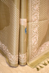 Matte Olive Green Tussar Silk Saree With Pakshi Motif and Parsi Border