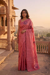 Rust Red Tussar Silk Saree with Applique Floral Work and Pitta Zari