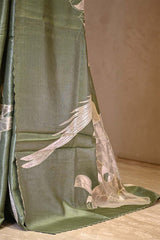Matte Green Tussar Silk Saree with Applique Floral Work