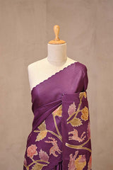 Deep Purple Tussar Silk Saree with Shikargah Applique Work