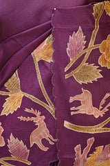 Deep Purple Tussar Silk Saree with Shikargah Applique Work