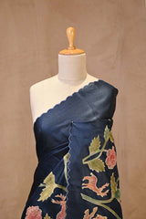 Blue Tussar Silk Saree with Shikargah Applique Work