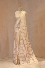 White Half and Half Tussar Silk Saree with Applique Work
