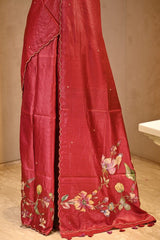 Maroon Tussar Silk Saree with Pitta Zari and Applique Work