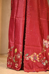 Maroon Tussar Silk Saree with Pitta Zari and Applique Work